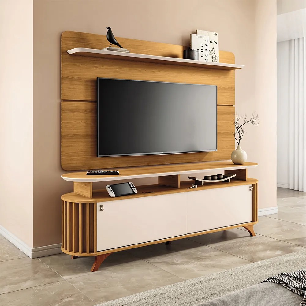 Conjunto Painel para TV até 70 Polegadas Curv e Bancada Alba Cinamomo/Off White G26 - Hb Móveis
