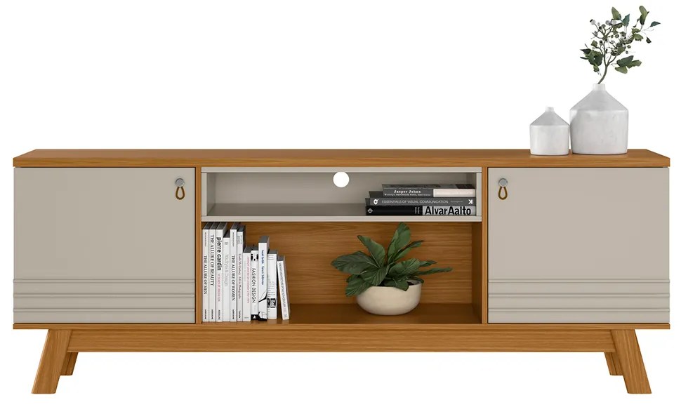 Rack Bancada Decorativo MDP/MDF TV até 75 Polegadas Portas Cronos Nature/Off White G77 - Gran Belo