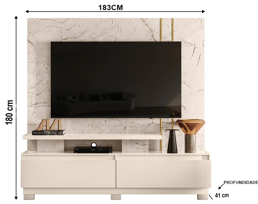 Estante de TV 75 Pol 183cm com Pé Sala Belora M20 - D'Rossi - Calacata e Off White