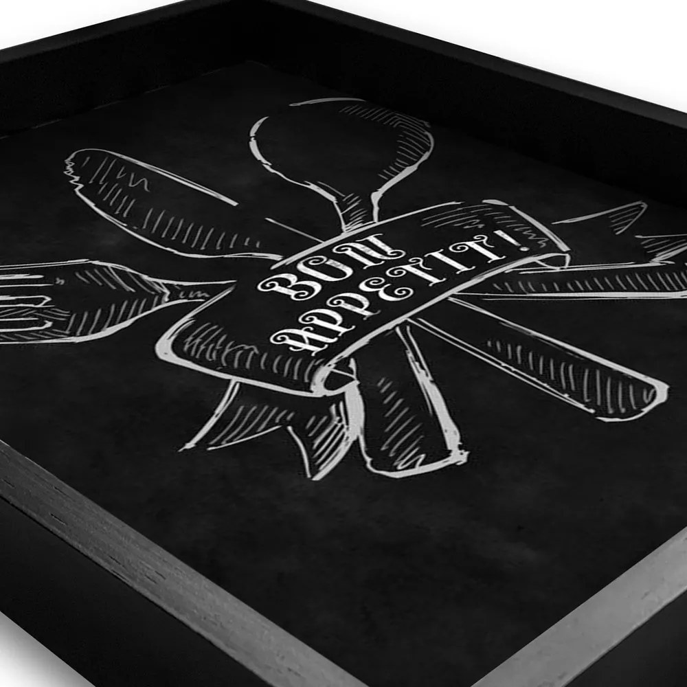 Bandeja Preta Com Gravura Impermeavel "Bon Appetit" 41x31x3cm - D'Rossi