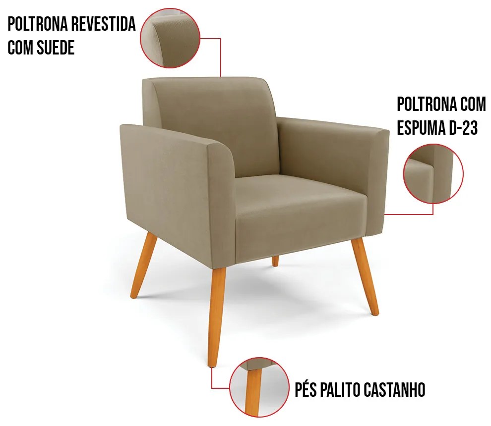 Kit 2 Poltronas Pés Palito Castanho Marisa Suede D03 - D'Rossi - Marrom Rato