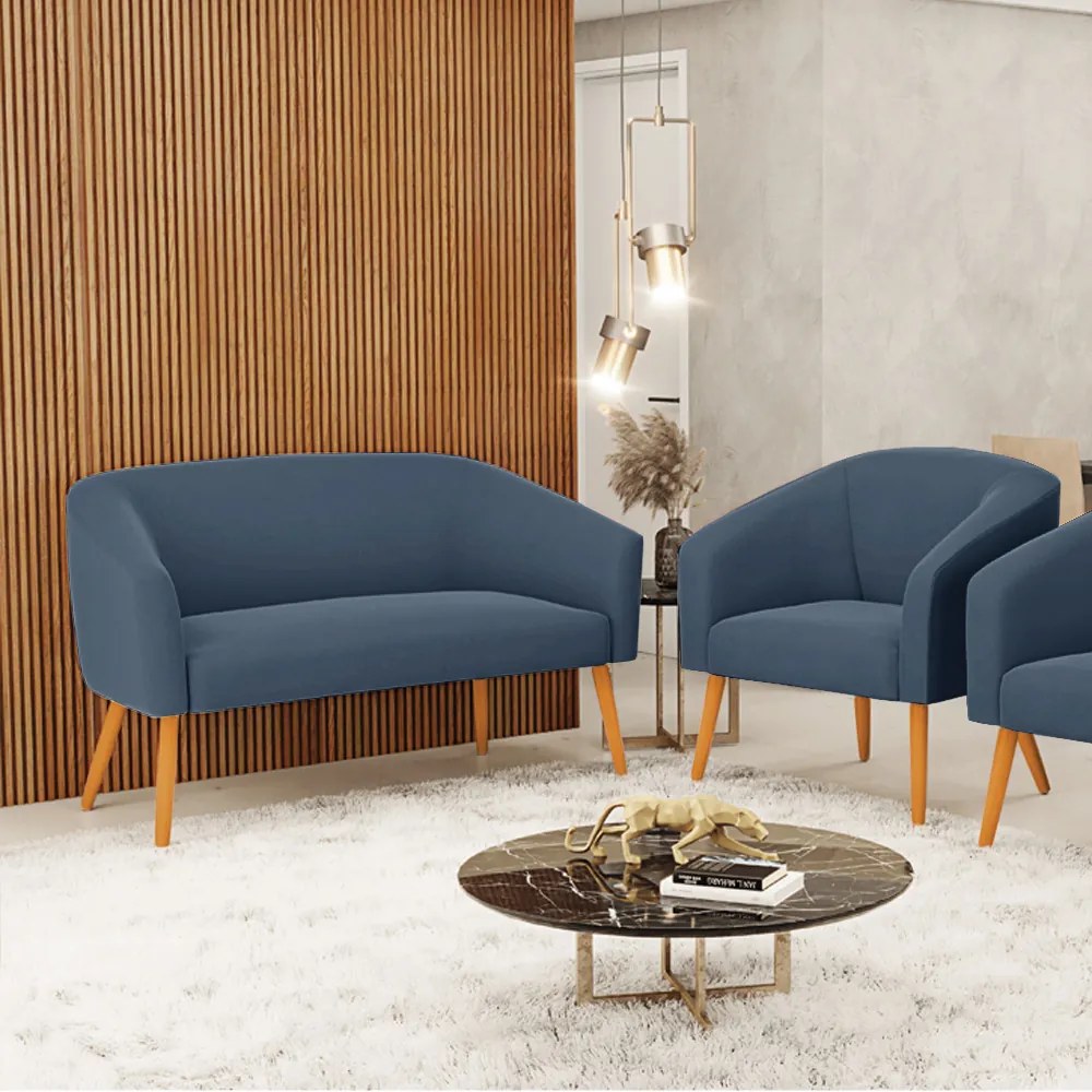 Sofá Namoradeira e Poltrona Pé Palito Castanho Stella Suede D03 - D'Rossi - Azul Marinho