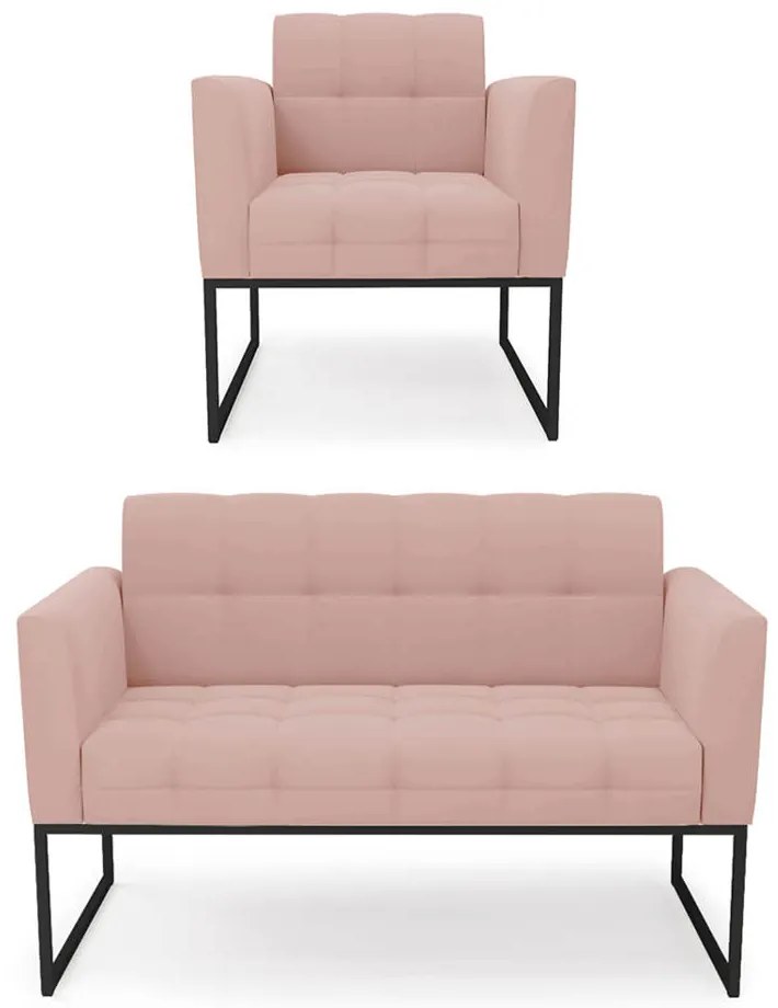 Kit 1 Sofá Namoradeira e 1 Poltrona Elisa Veludo Rosê Base Metálica Industrial Preto D03 - D'Rossi