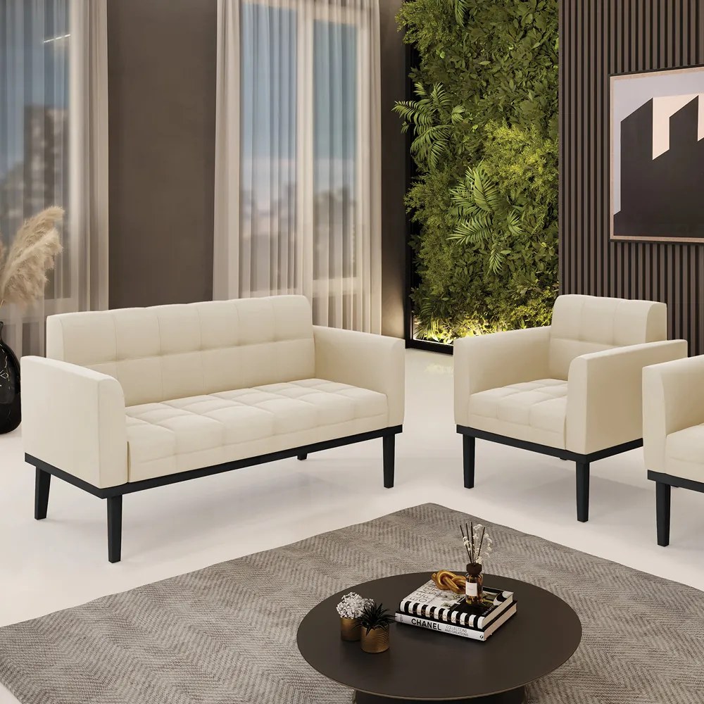 Conjunto Poltrona e Namoradeira Decorativa Karen Pés Fixo em Madeira Preto Suede Bege G19 - Gran Belo