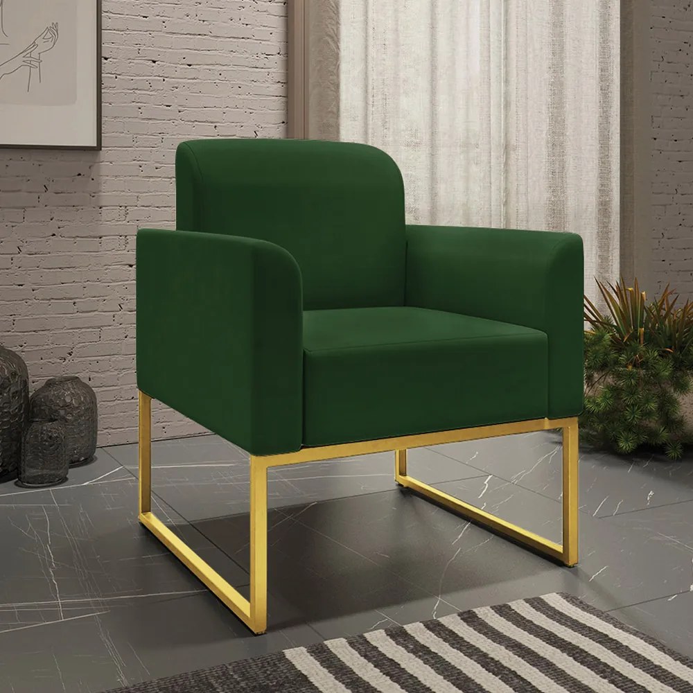 Kit 2 Poltronas Decorativas Isabella Base Industrial Suede Verde/Dourado G19