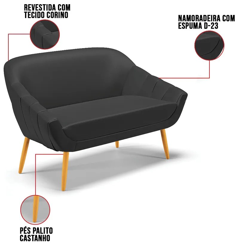Kit 01 Namoradeira 02 Lugares e 02 Poltronas Giovana Corino Pés Palito Castanho D01 - D?Rossi - Preto