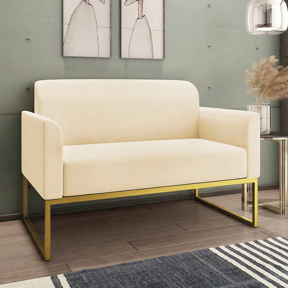 Poltrona Namoradeira Decorativa Isabella Base Industrial Suede Bege/Dourado G19 - Gran Belo