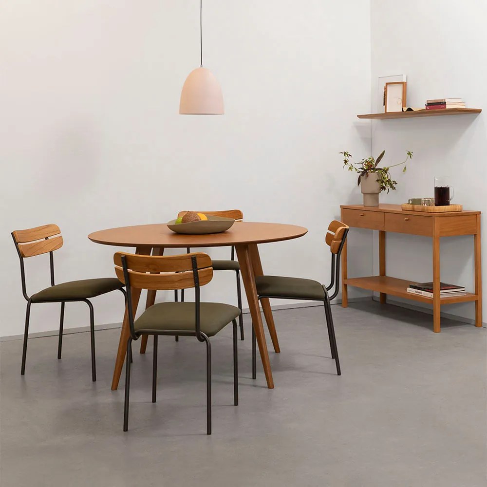 Conjunto Mesa Jantar Square Redonda Louro Freijó - 1,08m + 4 Cadeiras Ribs Sarja - Verde Oliva