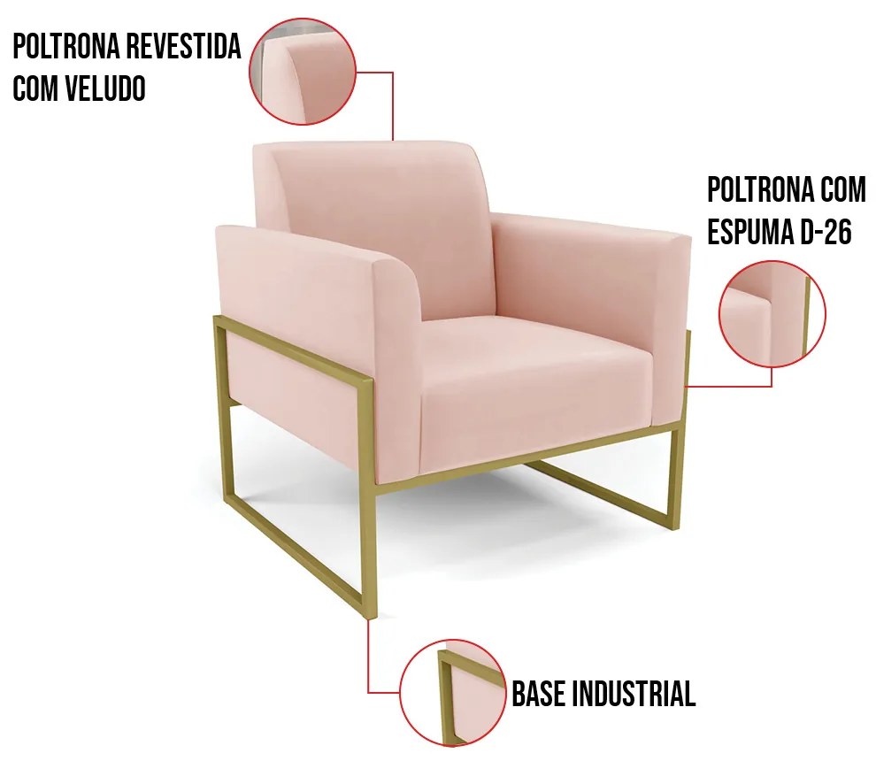 Poltrona Base Industrial Alta Dourado Marisa Veludo Rosê