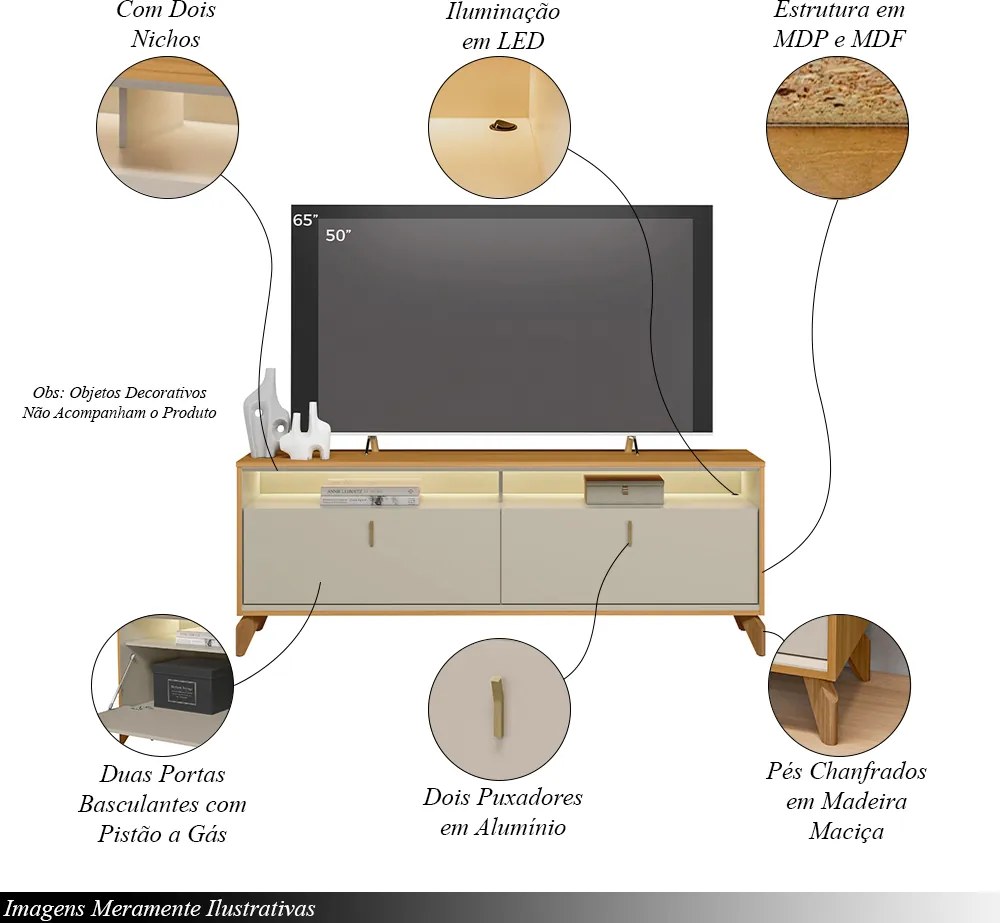 Rack Bancada Duarte com LED Pés em Madeira 160cm TV Até 60 Polegadas Tauari/OffWhite  G77 - Gran Belo