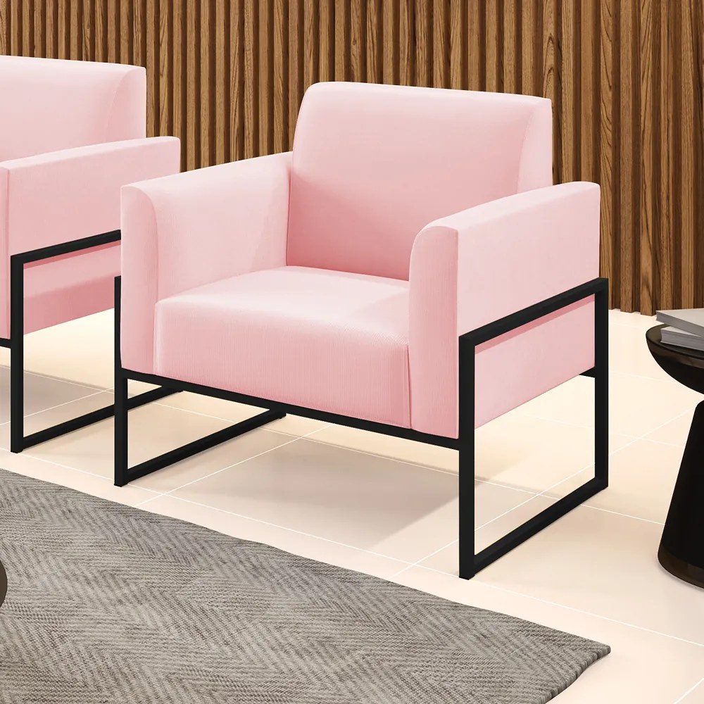 Poltrona Base Industrial Alta Preto Marisa Suede - Rosa Bebê
