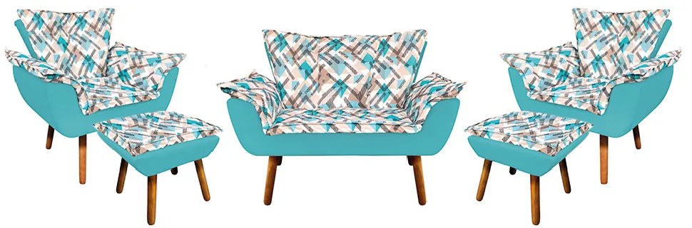 Kit 01 Namoradeira com 02 Poltronas e 02 Puffs Opala Composê Suede com Estampado Traçado Azul D33 Pés Palito Castanho - Azul Turquesa