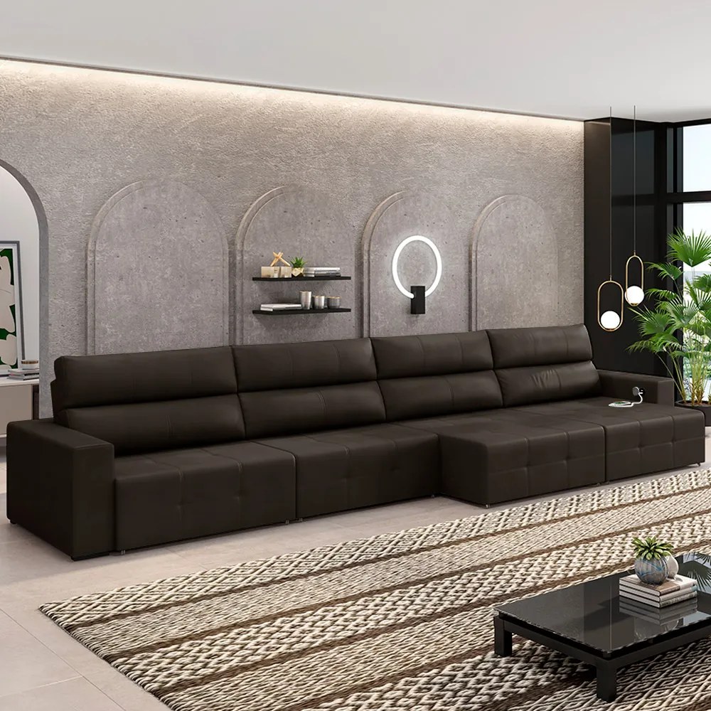 Sofá Retrátil 6 Lugares 404cm 4 Módulos Nero com USB Couro Marrom G52 - Gran Belo