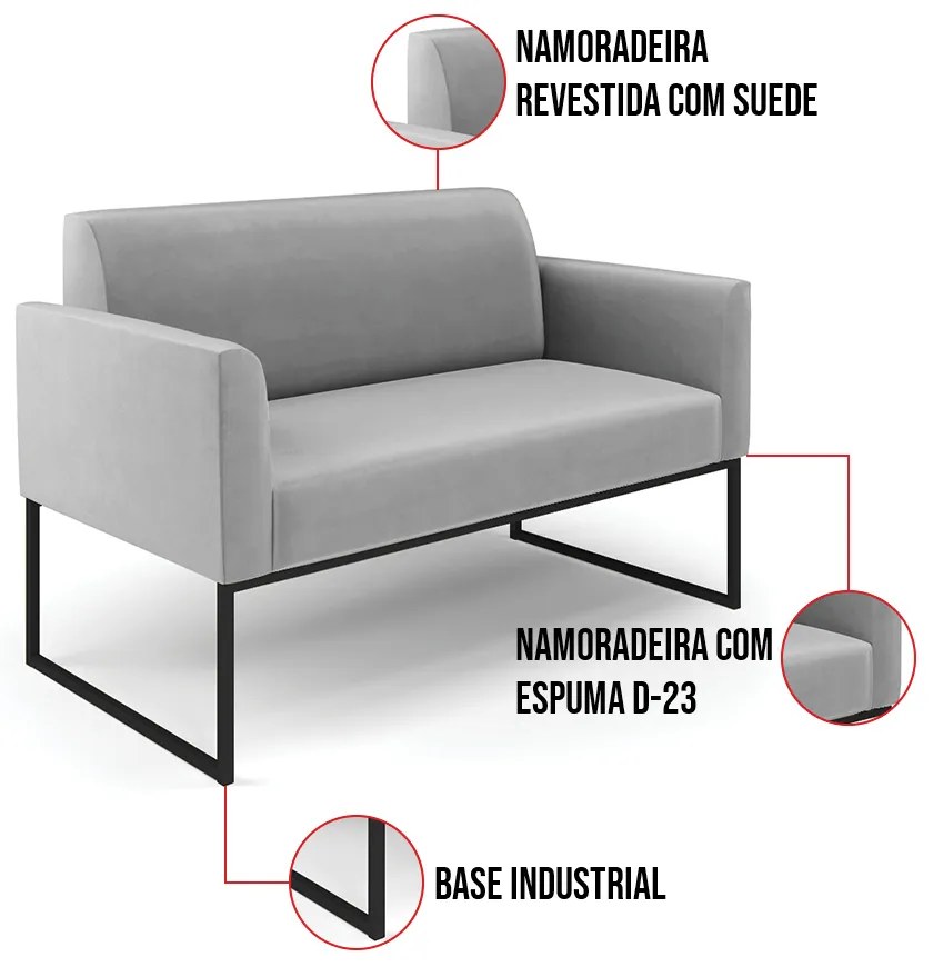 Sofá Namoradeira Base Industrial Preto Marisa Suede Cinza