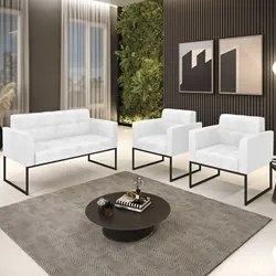 Sofá Namoradeira e 2 Poltronas Base Industrial Preto Ana Sintético PU