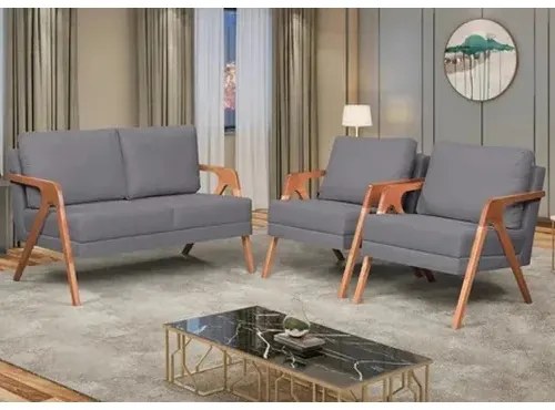 Kit 2 Poltronas + Namoradeira Mona Luxo Madeira Maciça Linho Cinza