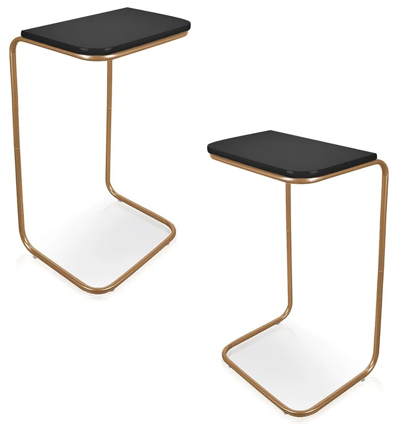 Kit 02 Mesas Lateral Tampo Preto Multiuso para Sofá Base Dourado 69x38 cm- D'Rossi