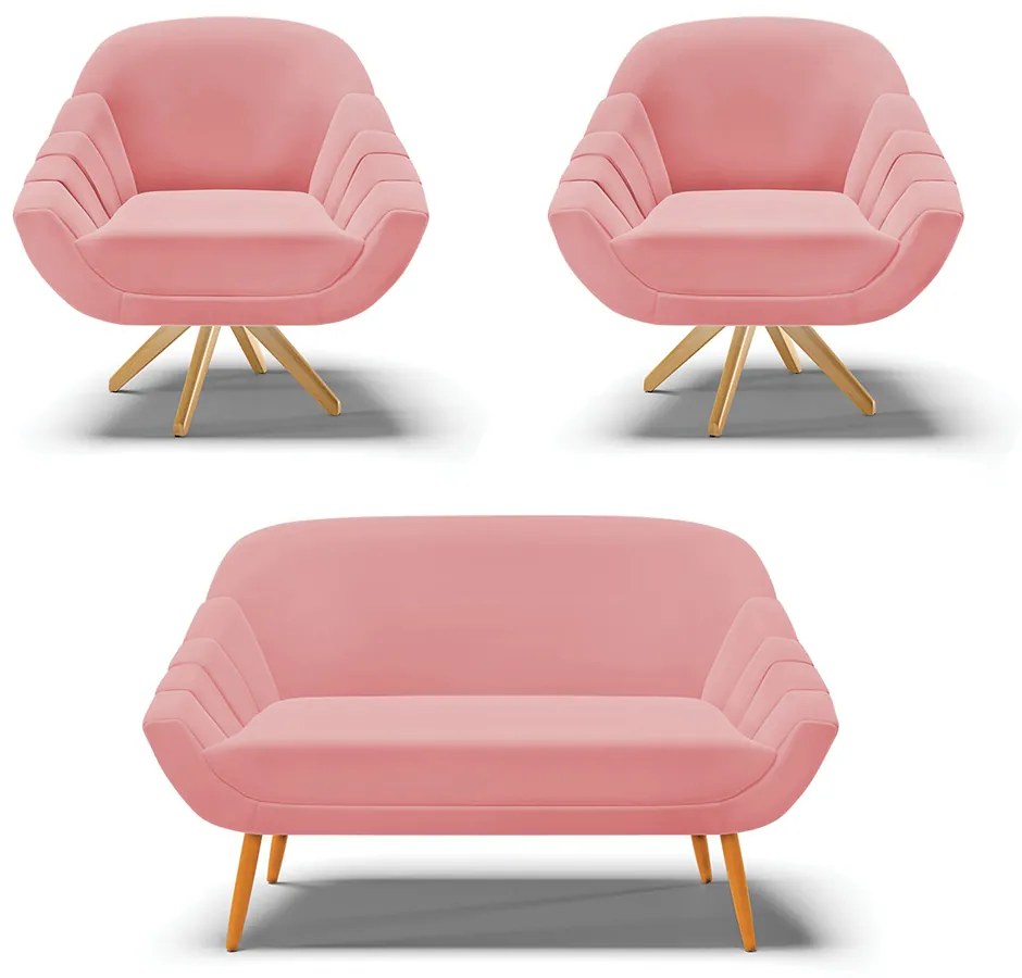 Kit 01 Namoradeira 02 Lugares e 02 Poltronas Giratória Giovana Suede Rose Base Madeira MA30 - D'Rossi