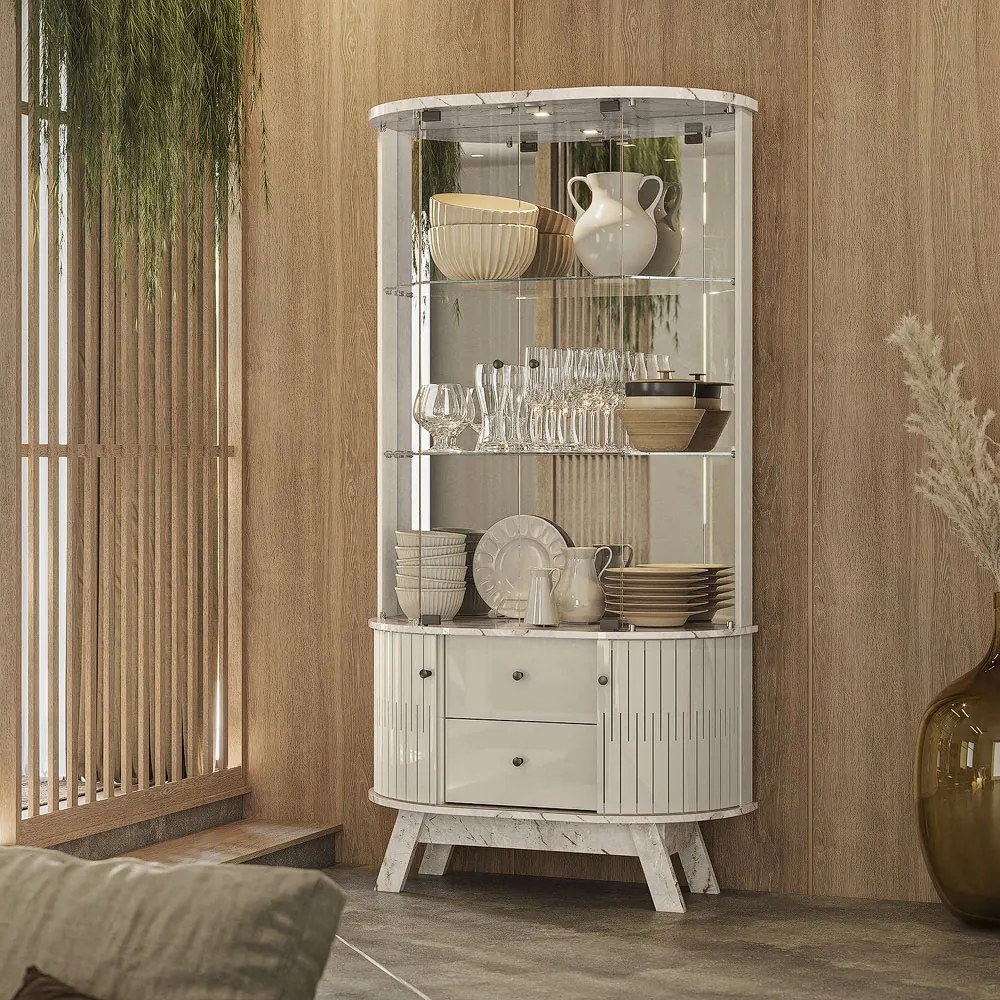Cristaleira Decorativa Swank 2 Gavetas Iluminação Led Espelho MDP Calacata/OffWhite G97 - Gran Belo