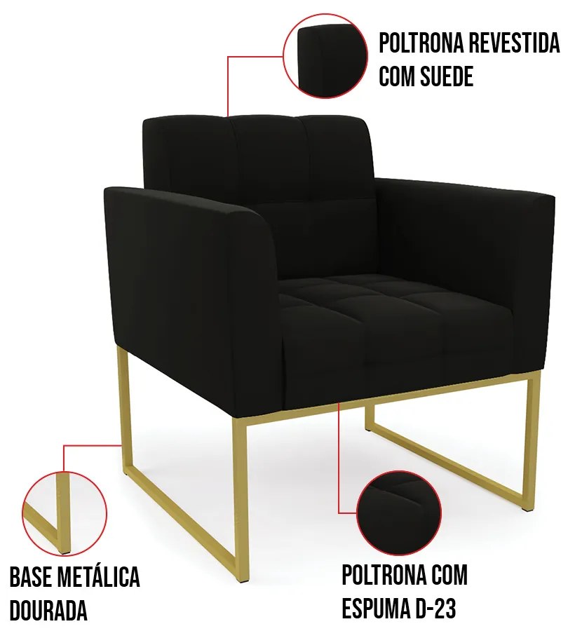 Kit 2 Poltronas Elisa Suede Base Metálica Industrial Dourado D03 - D'Rossi - Preto