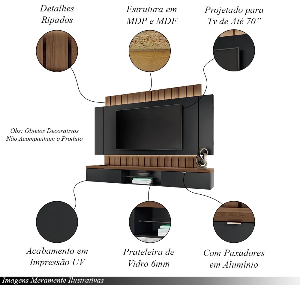 Painel Home Suspenso 2.2 para TV até 70 Polegadas com Fita LED MDP/MDF Illusion Preto/Castanho G26 - HB Móveis