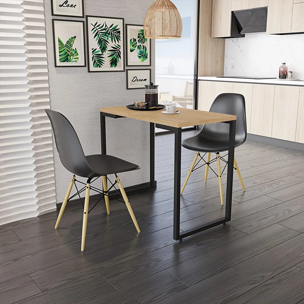 Mesa de Cozinha Industrial Porto Natural 90 cm com 02 Cadeiras Eiffel Preto - D'Rossi