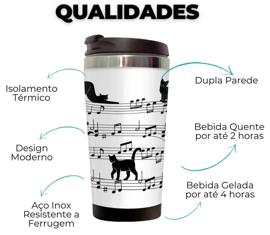 Copo Térmico 500ml Inox Branco e Preto Gato Musical