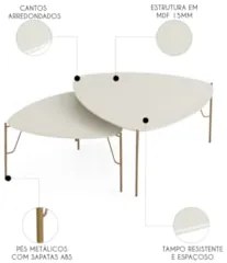 Mesa de Centro Para Sala Pés Metálicos Kit 2 Blen Luna/Dourado I06 - M