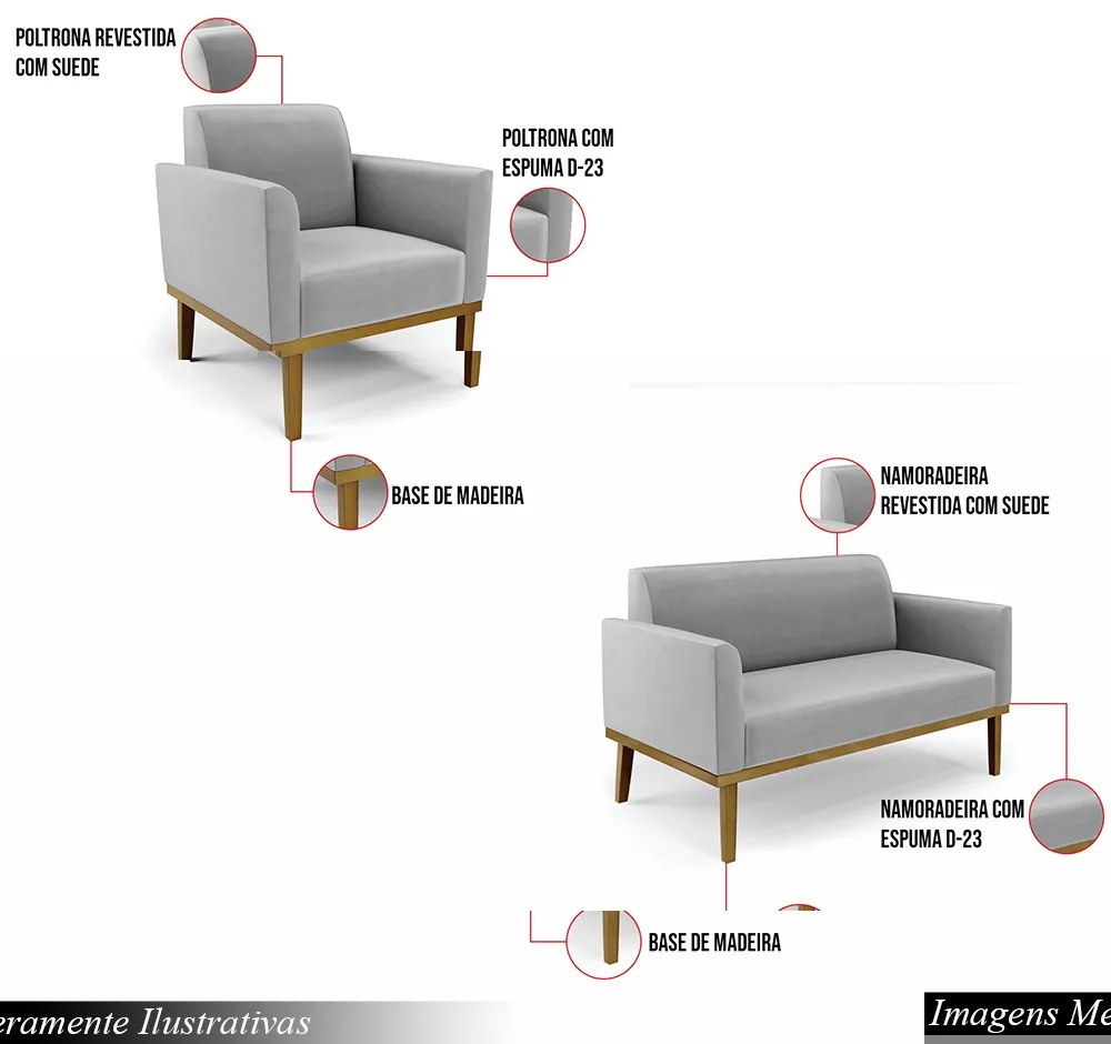 Conjunto Poltrona e Namoradeira Decorativa Isabella Pés Fixo em Madeira Castanho Suede Cinza G19 - Gran Belo
