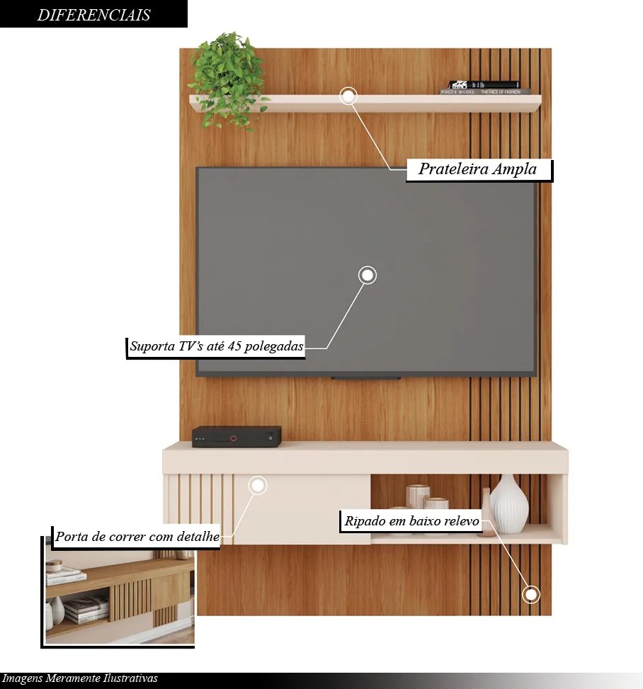 Painel Selina Ripado para TV até 45 com Porta de Correr e Prateleira MDP Freijo/OffWhite G11 - Gran Belo