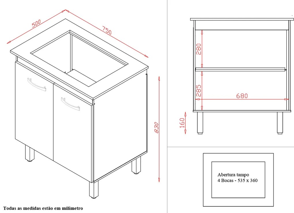 Balcão Vani Para Cooktop 4 Bocas 2 Portas Cozinha MB1 70cm