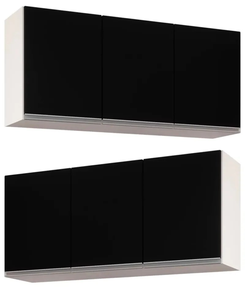 Kit 2 Armários Aéreo de Cozinha Lavanderia 03 Portas Tina 120 cm L06 - D'Rossi - Branco e Preto