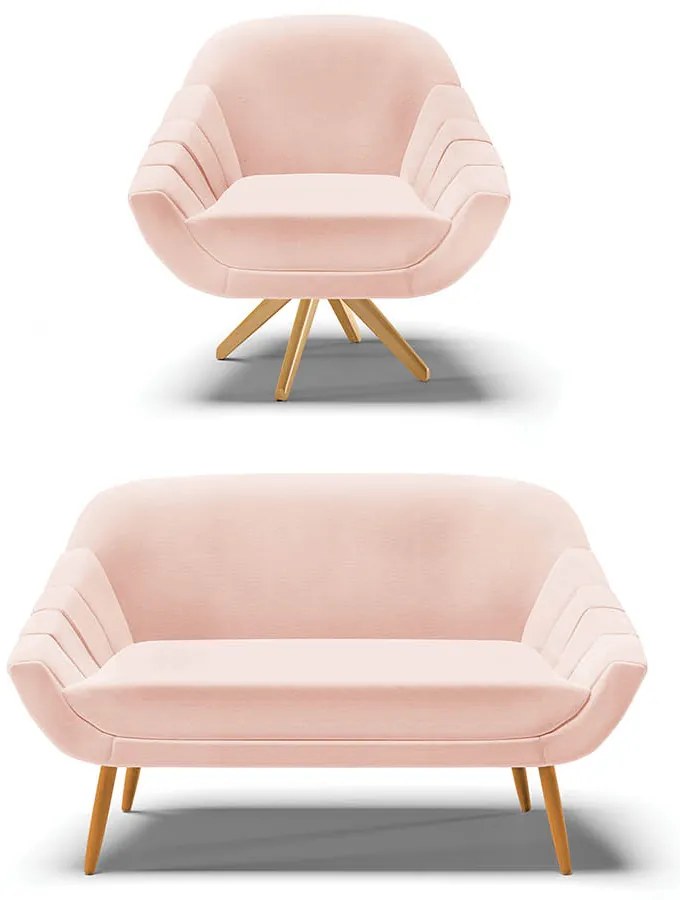Kit 01 Namoradeira 02 Lugares e 01 Poltrona Giratória Giovana Veludo Base Madeira MA30 D03 - D'Rossi - Rose