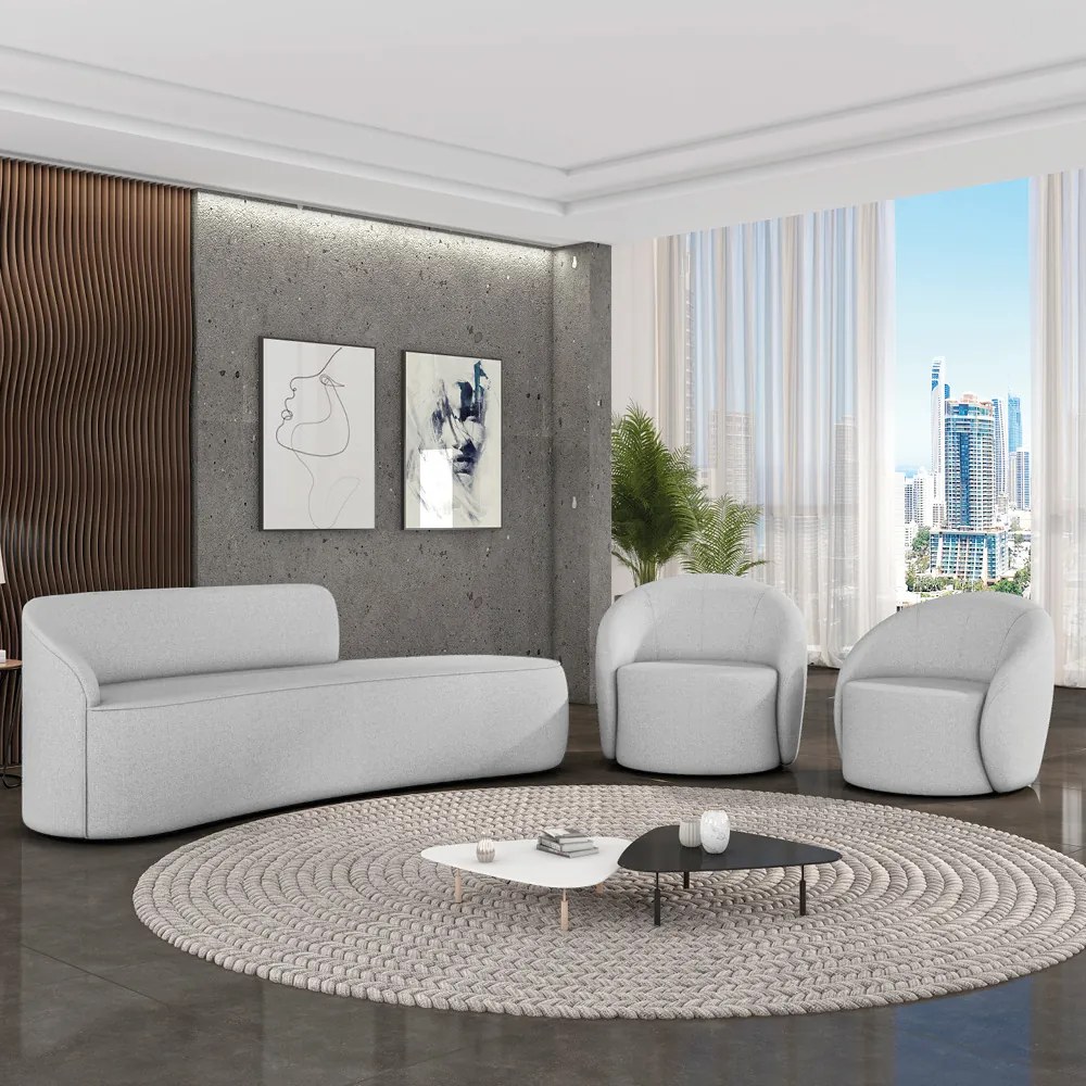 Sofá 4 Lugares Orgânico 220cm Morgan e 2 Poltronas Lua Linho D03 - D'Rossi - Cinza