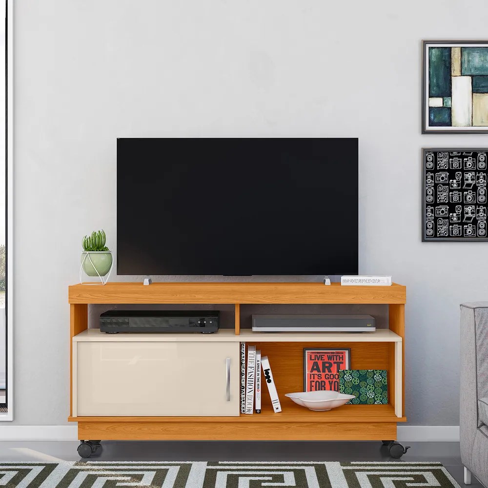 Rack TV 50 Pol 121cm Bancada com Rodízio Sala Zorin Cinamomo/Off White M20 - D'Rossi