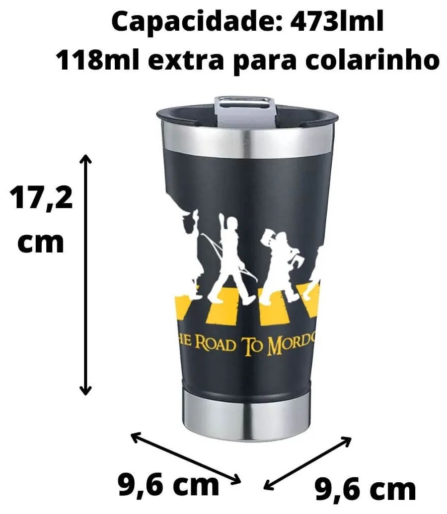 Copo Térmico The Road to Mordor Senhor dos Anéis Com Tampa e Abridor Chopp - Preto