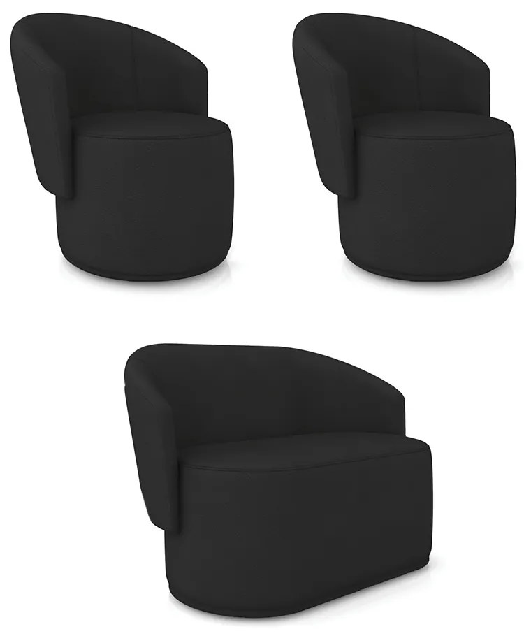 Sofá Namoradeira e 2 Poltronas Orgânica para Sala Malu Sintético M11 - D'Rossi - Preto