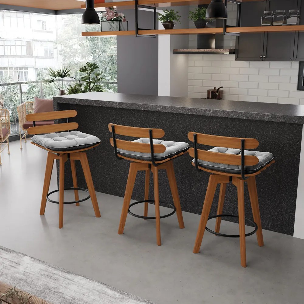 Kit 04 Banquetas Giratória Costela Suede Cinza Base Madeira MA70 - DRossi