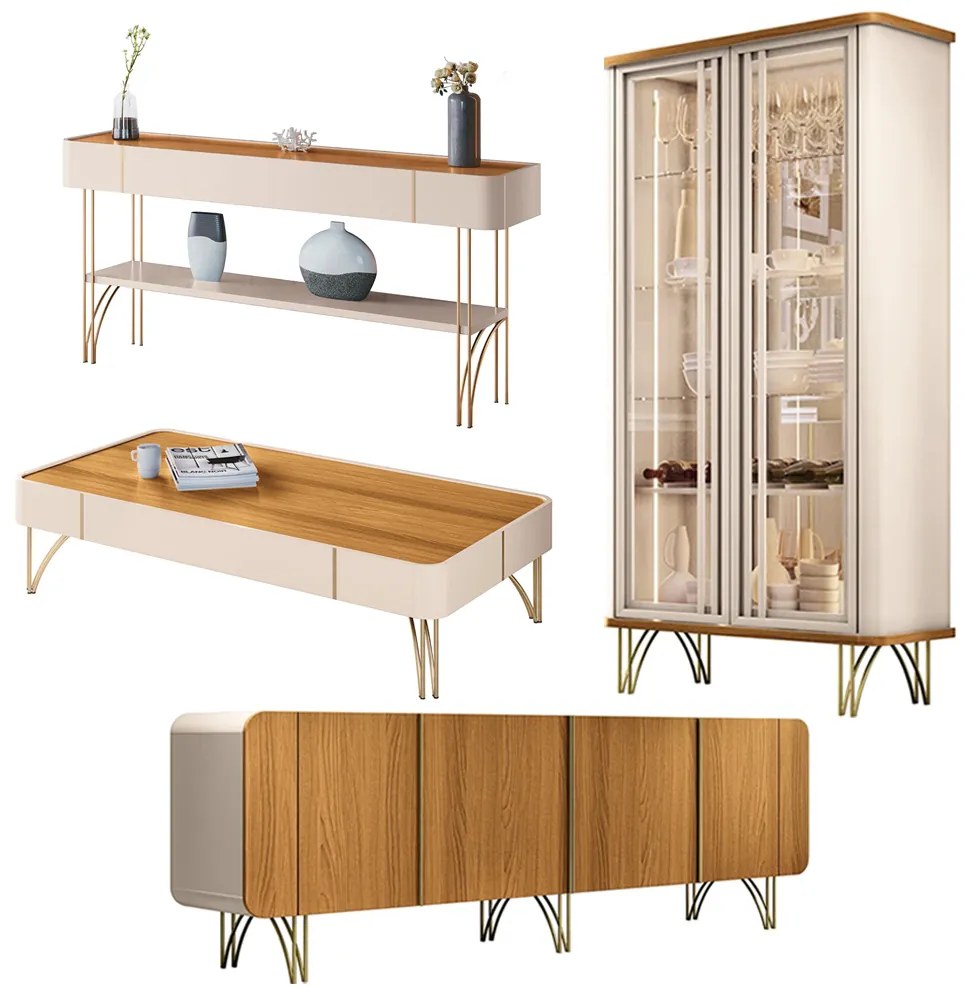 Conjunto 1 Cristaleira 1 Buffet 1 Aparador e 1 Mesa de Centro Texas/Virginia/Rennes Off White/Cinamomo G26 - Gran Belo