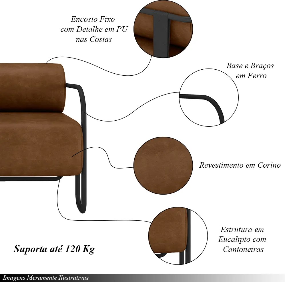 Poltrona Decorativa Sala de Estar Polatsk Base Industrial de Ferro PU Marrom G33 - Gran Belo