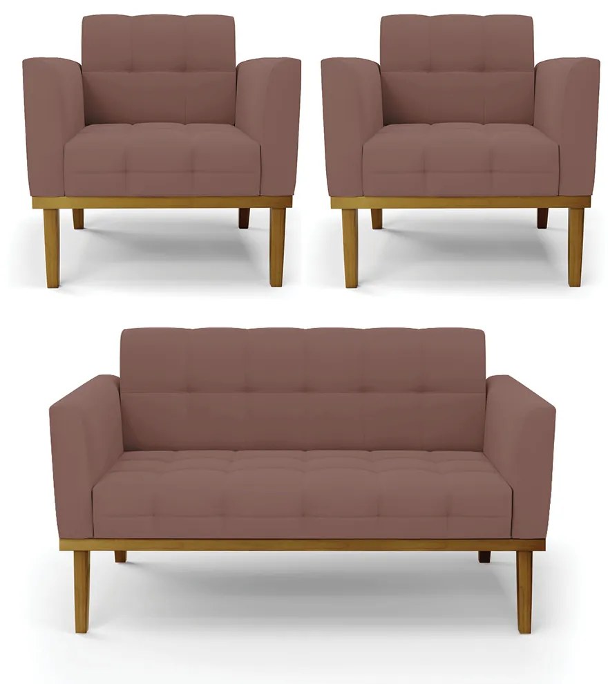 Conjunto 2 Poltronas e 1 Namoradeira Decorativa Karen Pés Fixo em Madeira Castanho Veludo Rose G19 - Gran Belo