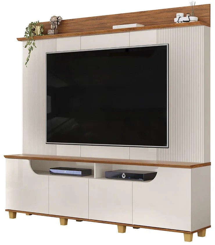 Home Estante Banner TV 75" Ripado Canelado 4 Portas OffWhite/Freijó G18 - Gran Belo