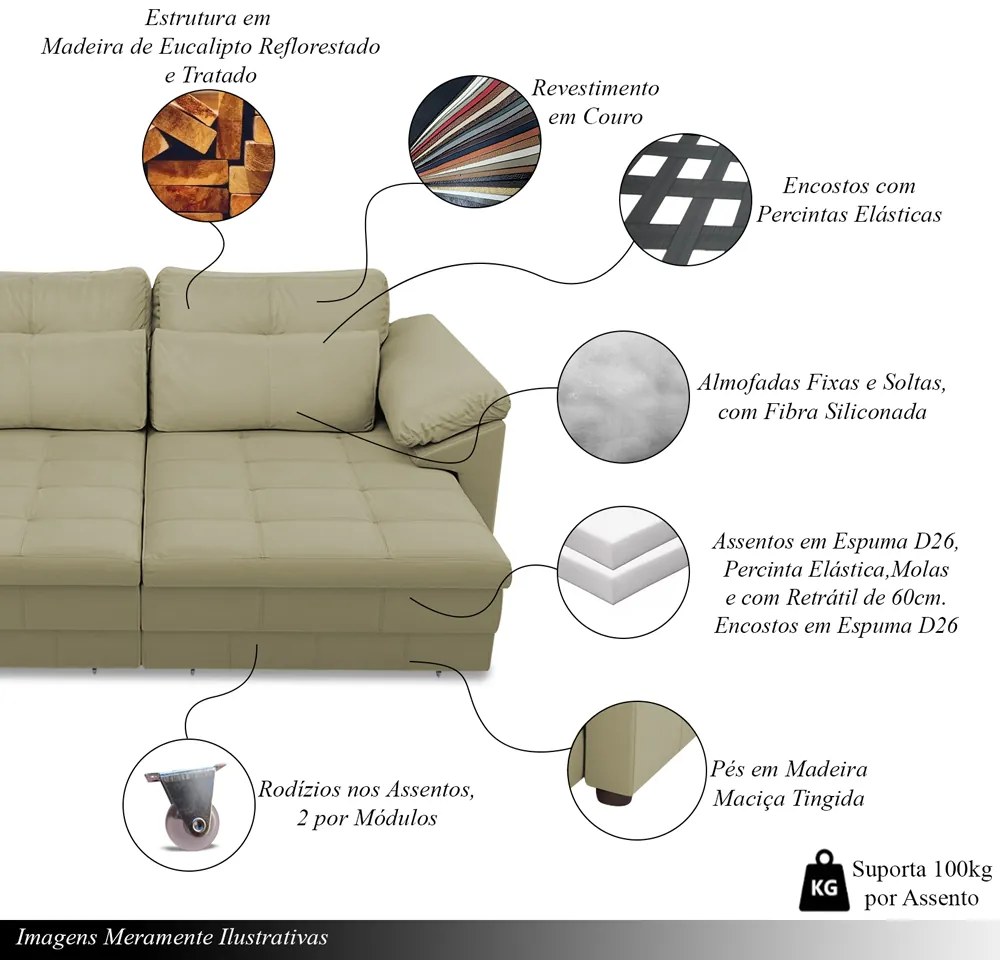 Sofá Retrátil Manual Sala de Estar Nolan Bipartido 339cm Conforto Premium em Couro Fendi G58 - Gran Belo