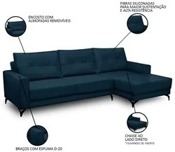 Sofá 4 Lugares com Chaise Direito 265cm Soreh F05 Veludo Azul - Mpozen