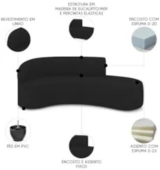 Sofá 4 Lugares Para Sala 220cm Orgânico Wendi Linho Preto I01 - Mpoze