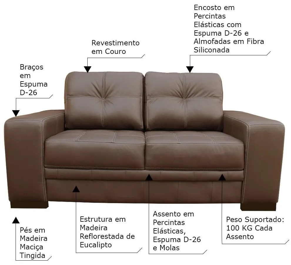 Sofá 2 Lugares Sala de Estar Milano 170cm Couro Marrom G58 - Gran Belo
