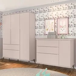 Jogo De Quarto Infantil Guarda Roupa e Cômoda 100% MDF Melinda Rosê -