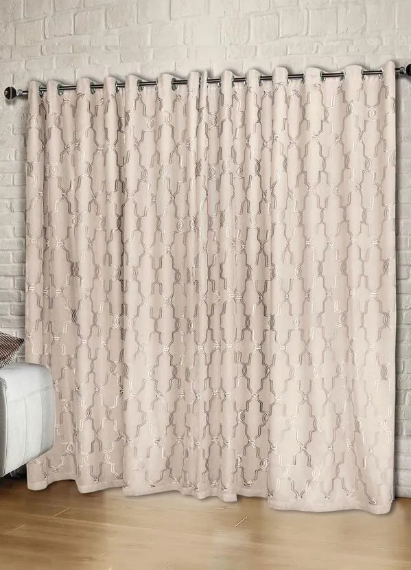 Cortina Bordada com Forro Bege 300x230 cm
