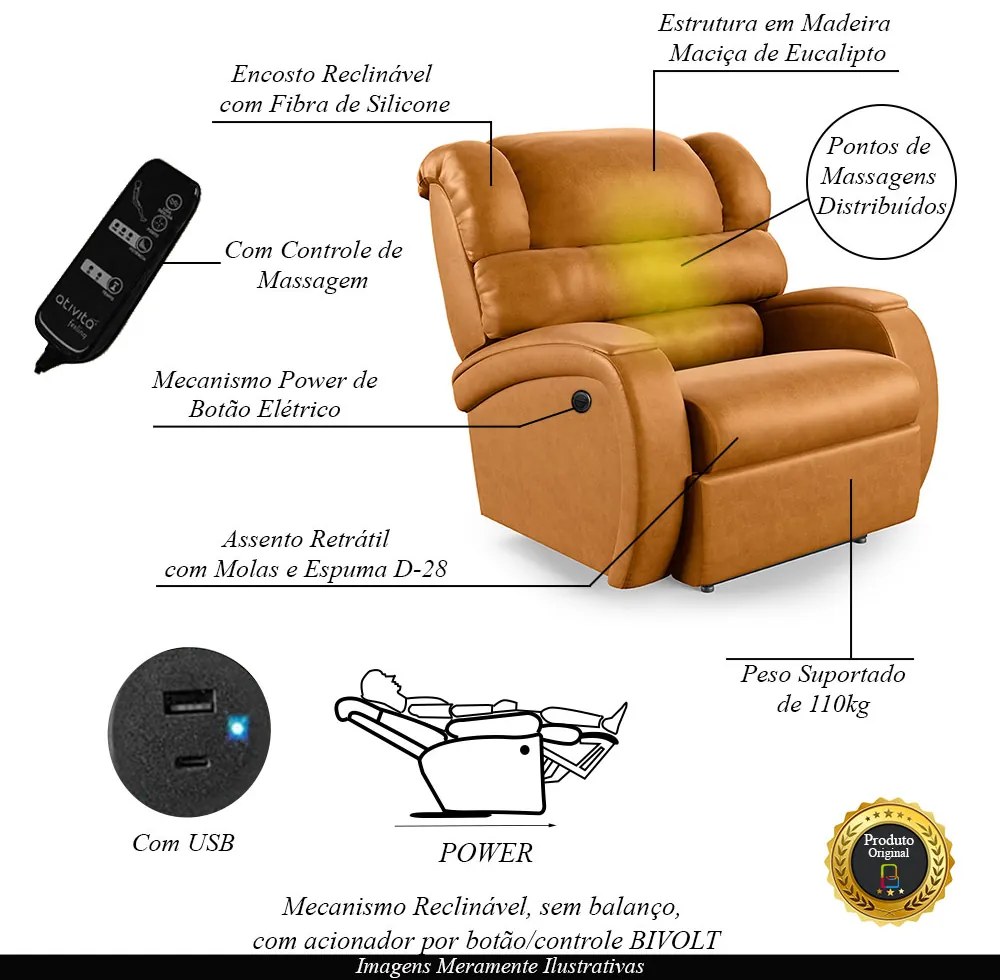 Poltrona do Papai Sala de Cinema Reclinável Kylie Power Elétrica Massagem USB PU Whisky G23