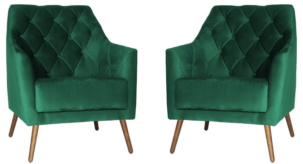Kit 2 Poltronas Atena Decorativa Botonê Pés Palito Veludo Verde Bandeira